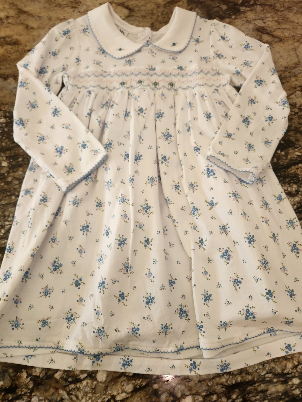 White Nightgown with Blue Floral Smocking for Girls